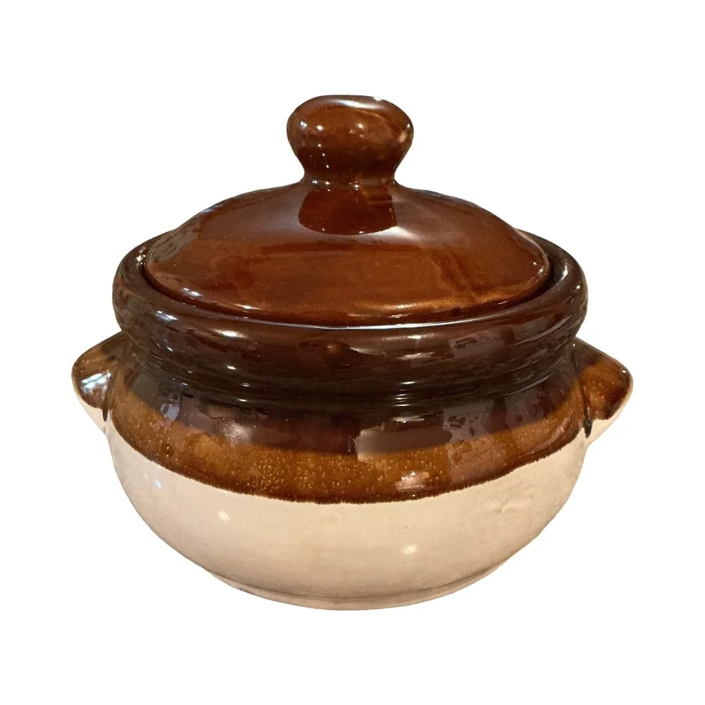Gailstyn Taiwan Stoneware Bean Pot Two-Tone Brown Cream Glazed Lidded Crock 5x5